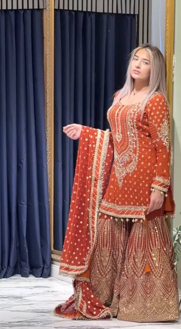 Orange Embroidered Faux Georgette Plazzo Set with Sequins Work & Lace Dupatta ClothsVilla