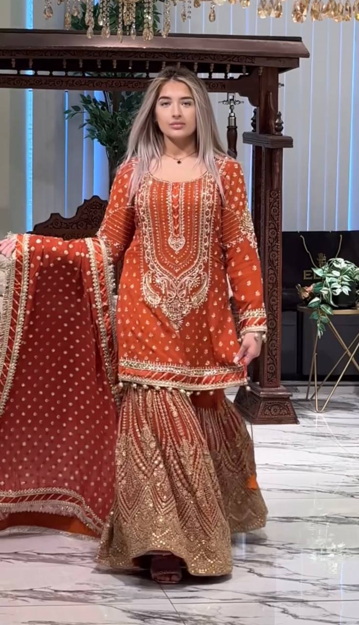 Orange Embroidered Faux Georgette Plazzo Set with Sequins Work & Lace Dupatta ClothsVilla Main image
