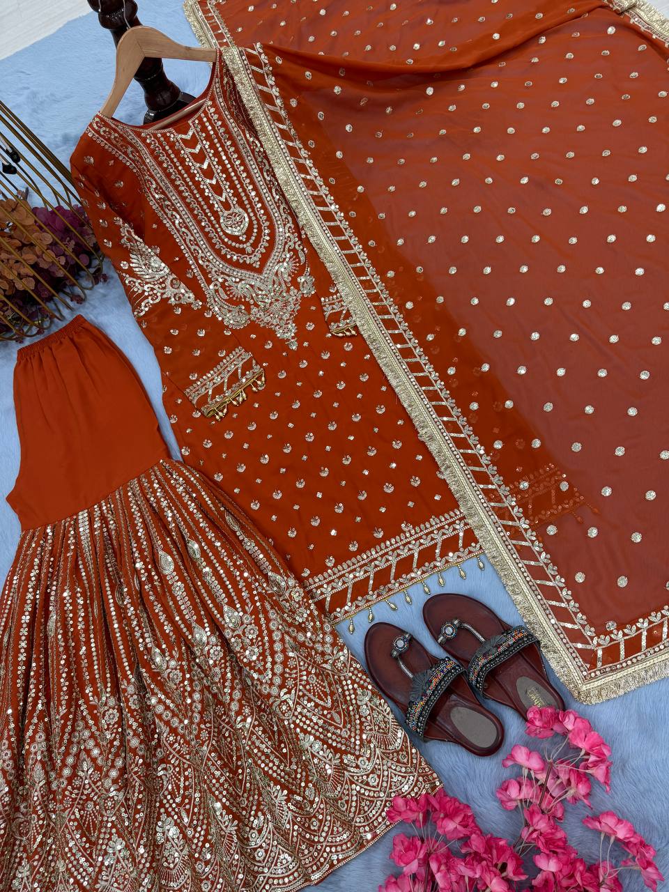 Orange Embroidered Faux Georgette Plazzo Set with Sequins Work & Lace Dupatta ClothsVilla