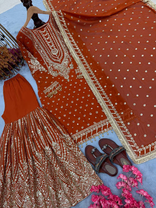 Orange Embroidered Faux Georgette Plazzo Set with Sequins Work & Lace Dupatta ClothsVilla