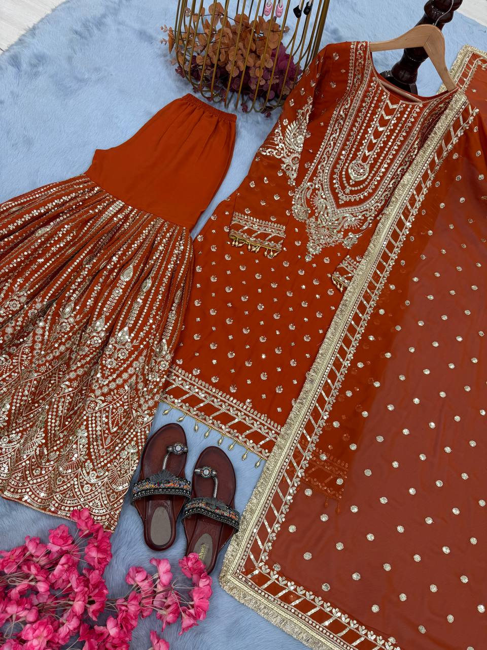 Orange Embroidered Faux Georgette Plazzo Set with Sequins Work & Lace Dupatta ClothsVilla