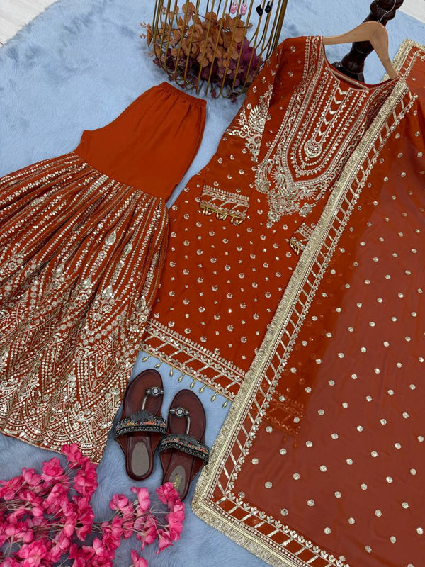 Orange Embroidered Faux Georgette Plazzo Set with Sequins Work & Lace Dupatta ClothsVilla