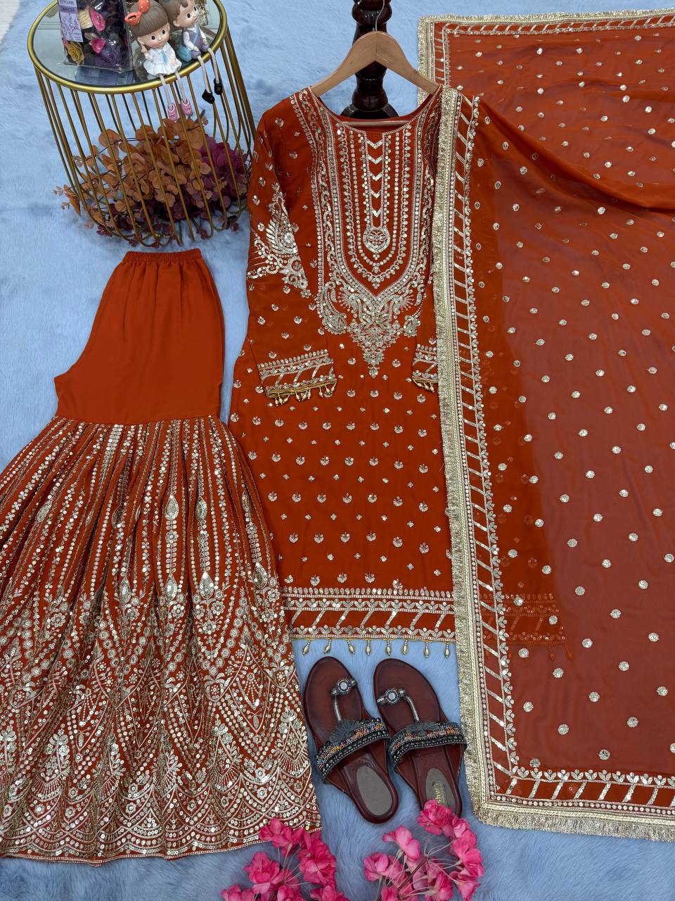 Orange Embroidered Faux Georgette Plazzo Set with Sequins Work & Lace Dupatta ClothsVilla