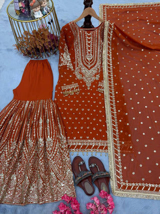 Orange Embroidered Faux Georgette Plazzo Set with Sequins Work & Lace Dupatta ClothsVilla