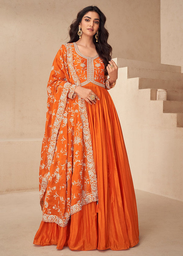 Orange Embroidered Gown & Dupatta ClothsVilla