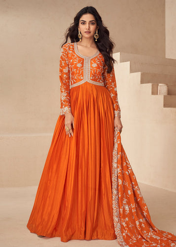 orange dress indian Orange Georgette Zari And Embroidered Sequins Gown