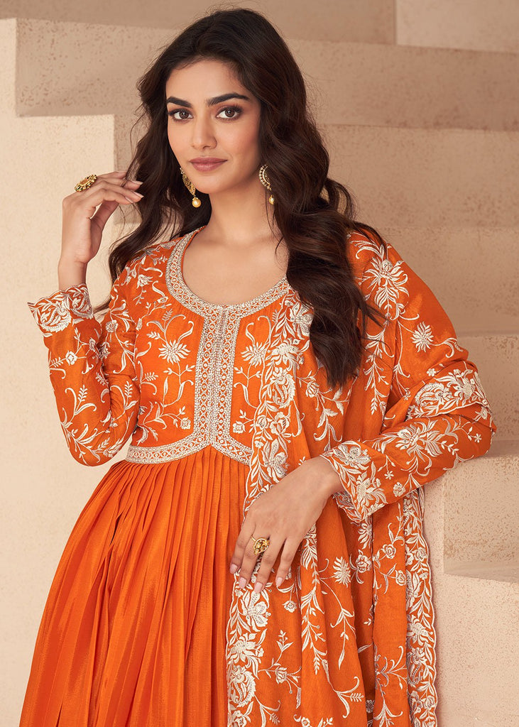 Orange Embroidered Gown & Dupatta ClothsVilla
