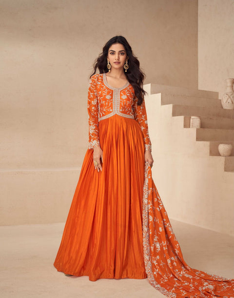 Orange Embroidered Gown & Dupatta ClothsVilla Main image