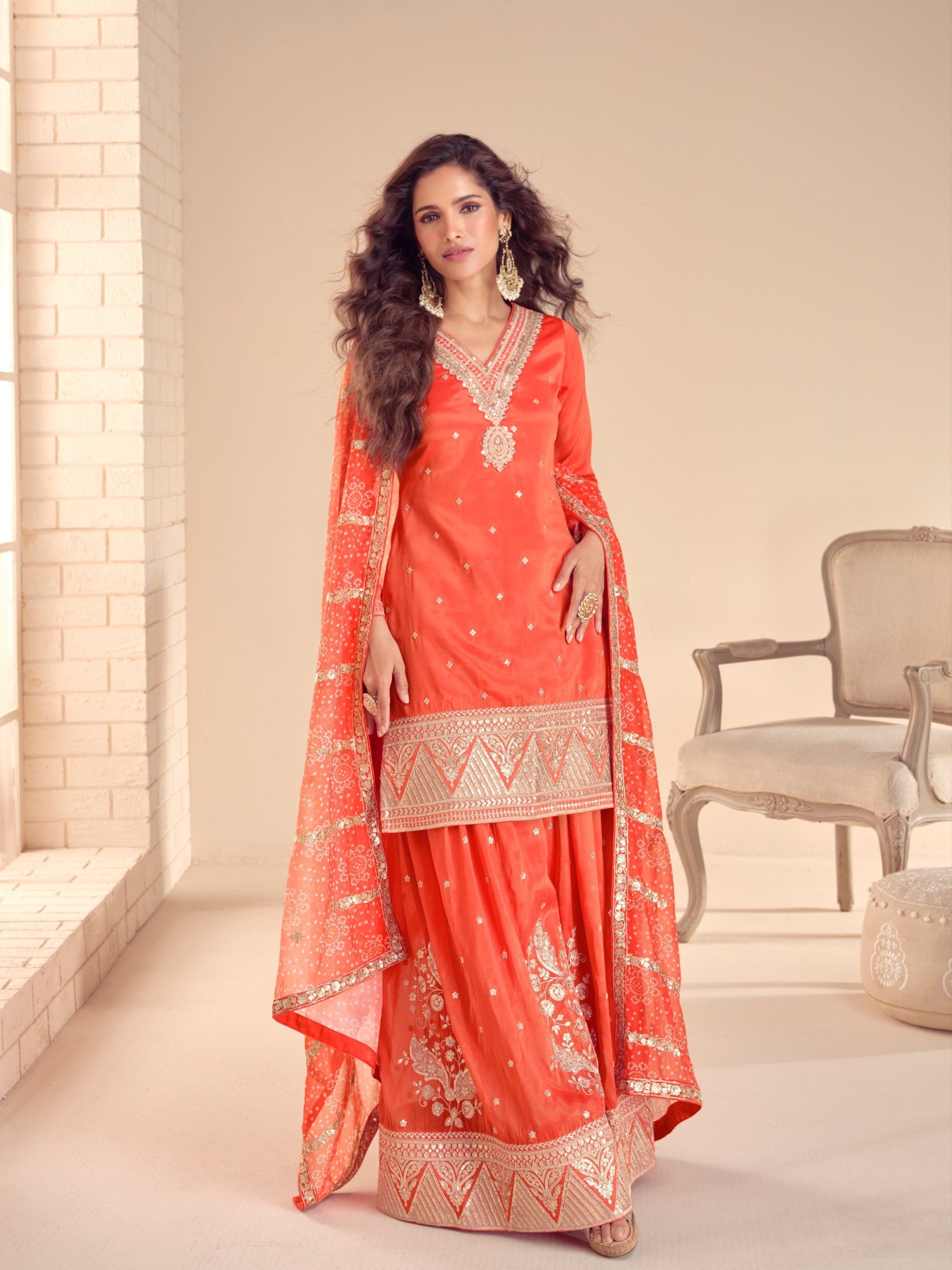 Orange Embroidered Kurta Palazzo Set ClothsVilla Main image