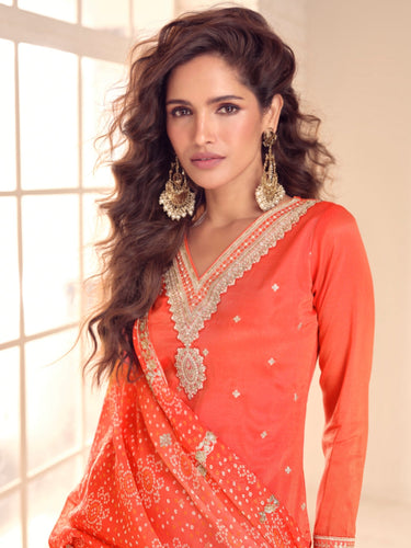 Orange Embroidered Kurta Palazzo Set ClothsVilla