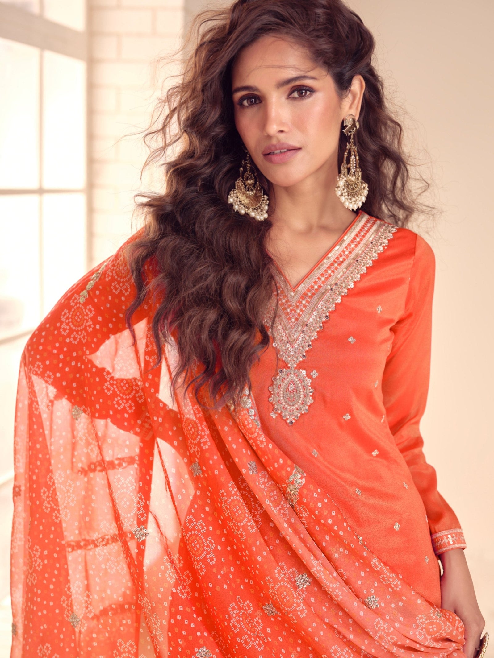 Orange Embroidered Kurta Palazzo Set ClothsVilla