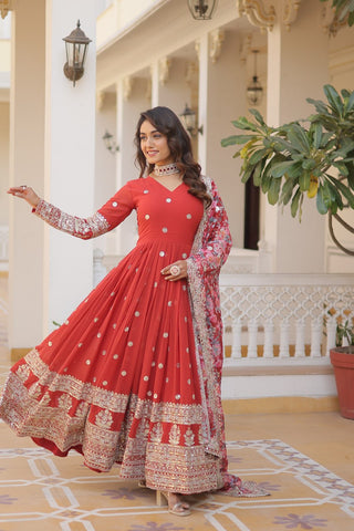 Orange Exquisite Premium Designer Faux Georgette Gown with Embroidered Zari Sequins and Tabby Silk Dupatta ClothsVilla