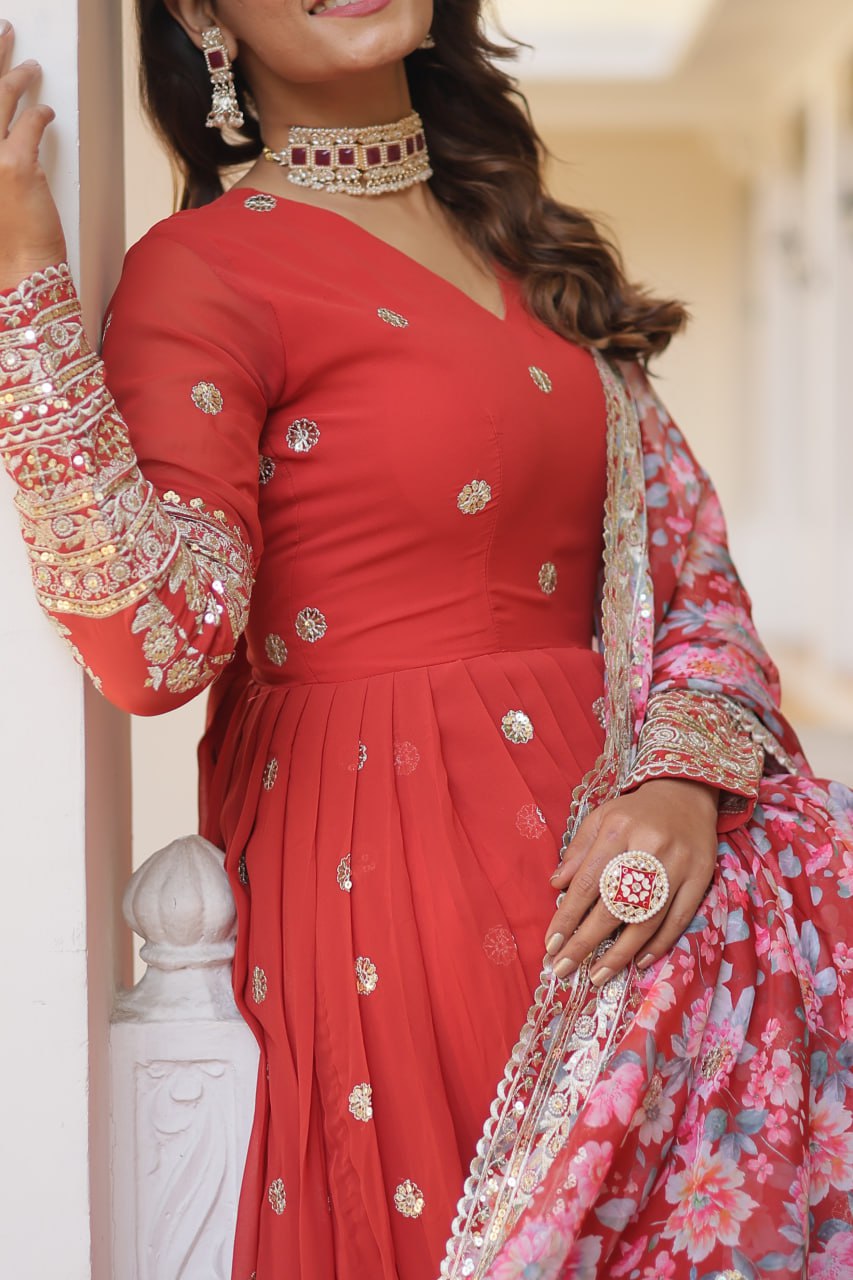 Orange Exquisite Premium Designer Faux Georgette Gown with Embroidered Zari Sequins and Tabby Silk Dupatta ClothsVilla