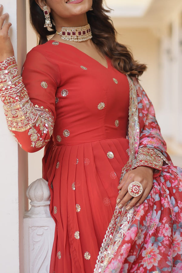 Orange Exquisite Premium Designer Faux Georgette Gown with Embroidered Zari Sequins and Tabby Silk Dupatta ClothsVilla