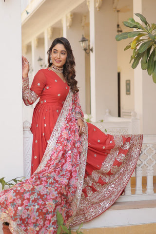 Orange Exquisite Premium Designer Faux Georgette Gown with Embroidered Zari Sequins and Tabby Silk Dupatta ClothsVilla