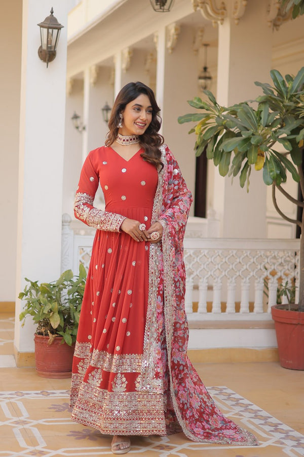 Orange Exquisite Premium Designer Faux Georgette Gown with Embroidered Zari Sequins and Tabby Silk Dupatta ClothsVilla