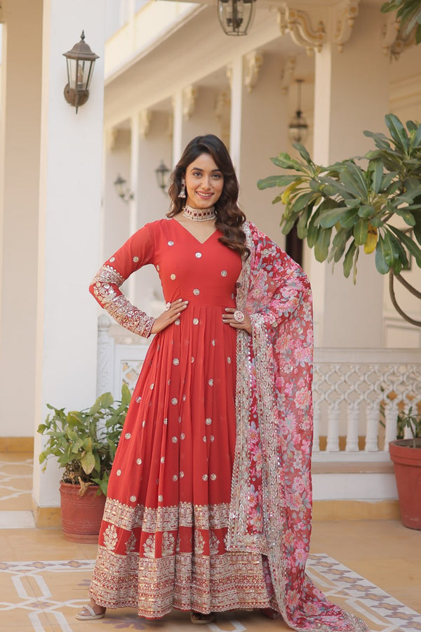 Orange Exquisite Premium Designer Faux Georgette Gown with Embroidered Zari Sequins and Tabby Silk Dupatta ClothsVilla