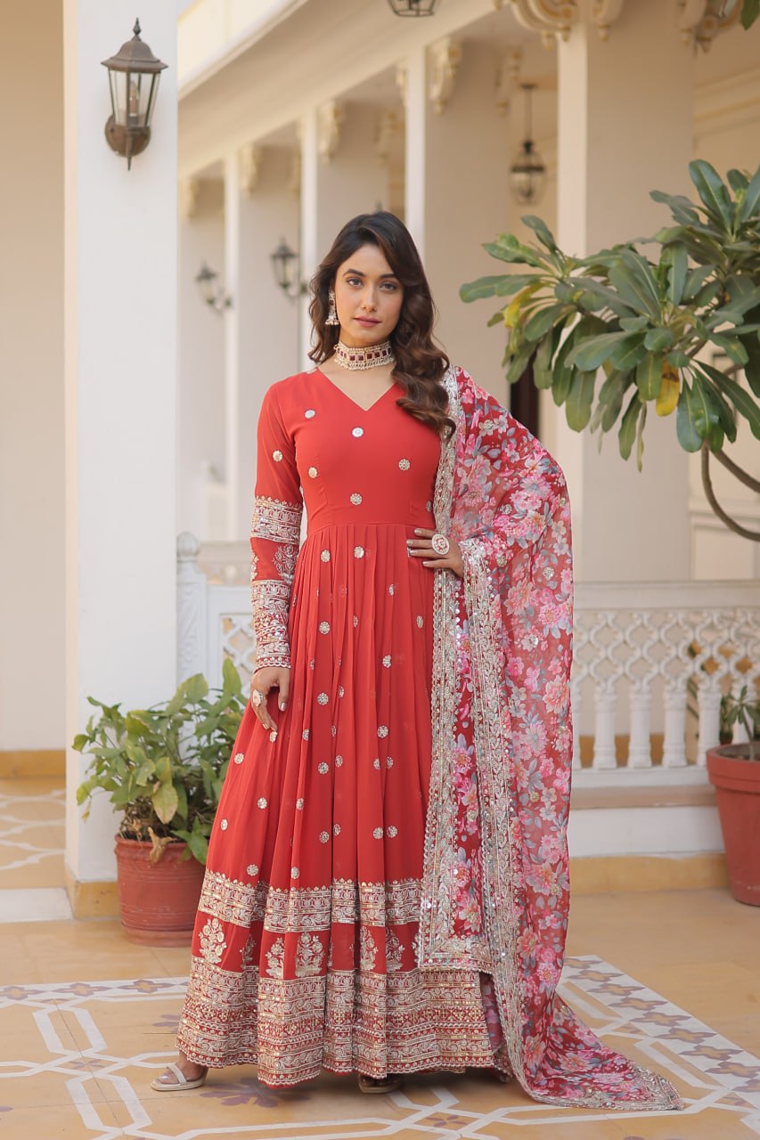 Orange Exquisite Premium Designer Faux Georgette Gown with Embroidered Zari Sequins and Tabby Silk Dupatta ClothsVilla