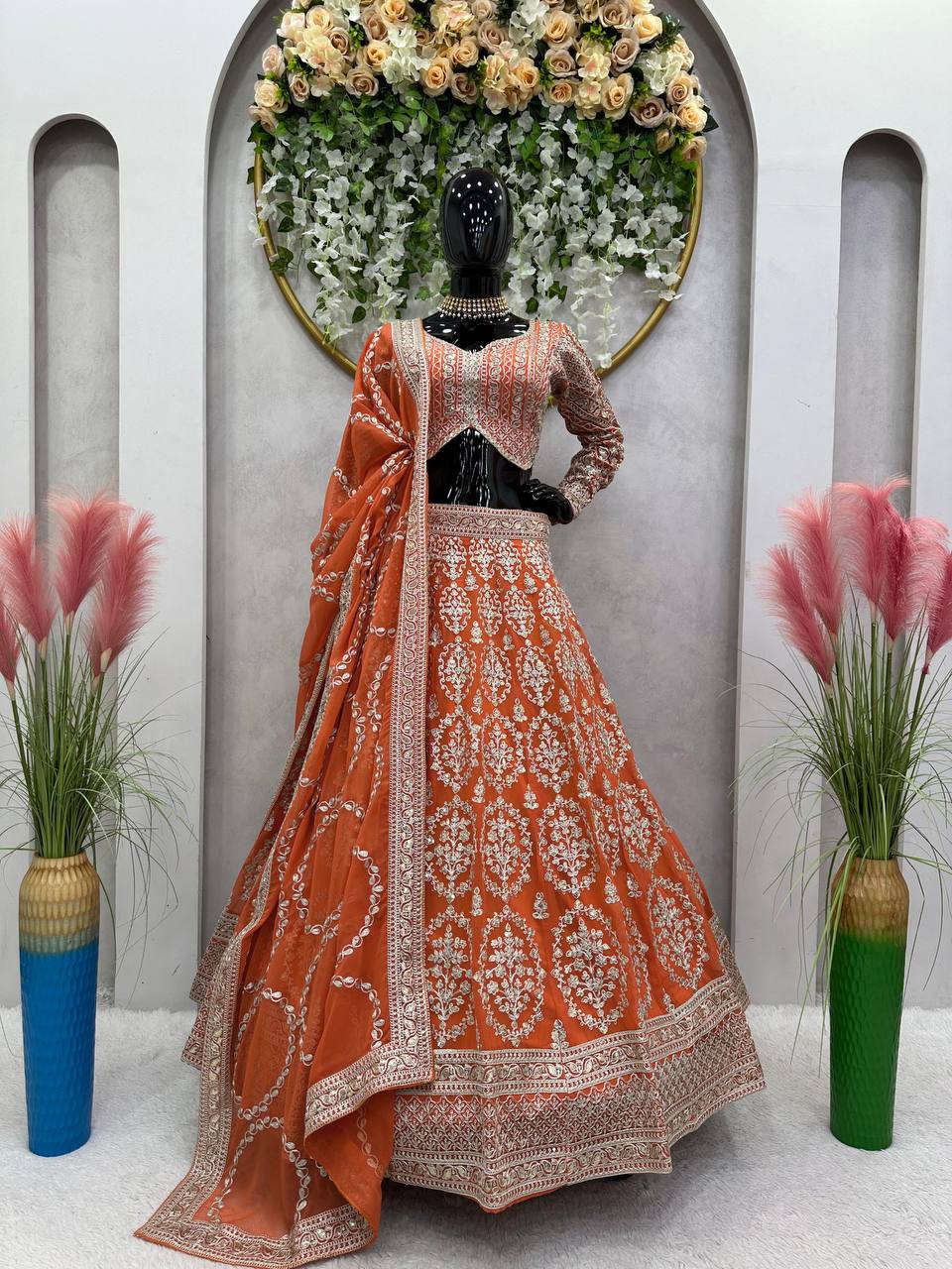 Orange Faux Georgette Semi-Stitched Lehenga Set with Coding Dori & Sequin Work ClothsVilla Main image