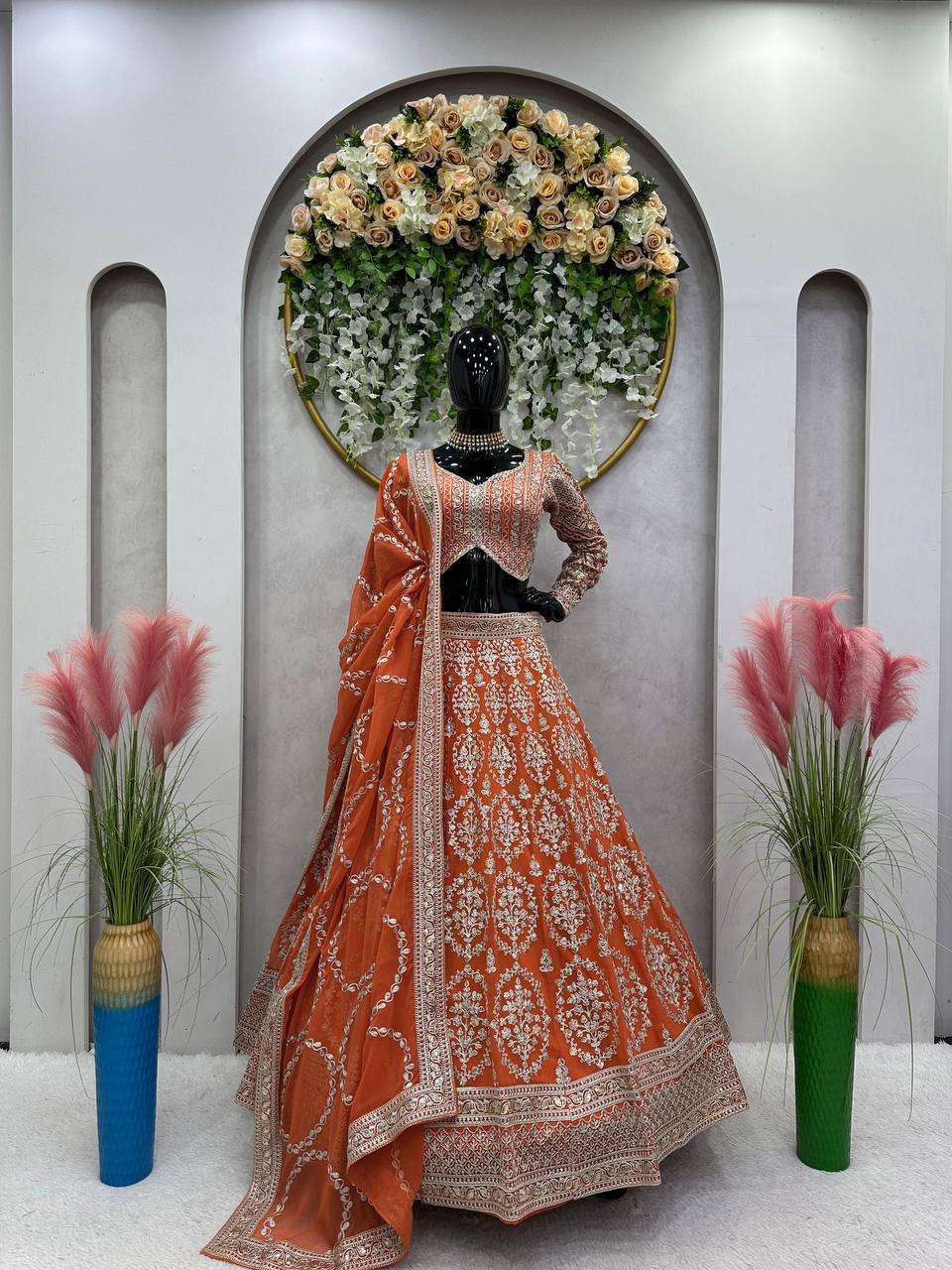 Orange Faux Georgette Semi-Stitched Lehenga Set with Coding Dori & Sequin Work ClothsVilla