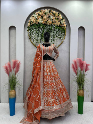 Orange Faux Georgette Semi-Stitched Lehenga Set with Coding Dori & Sequin Work ClothsVilla