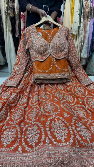 Orange Faux Georgette Semi-Stitched Lehenga Set with Coding Dori & Sequin Work ClothsVilla