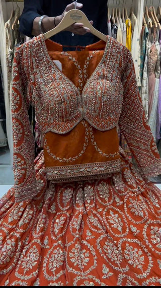 Orange Faux Georgette Semi-Stitched Lehenga Set with Coding Dori & Sequin Work ClothsVilla