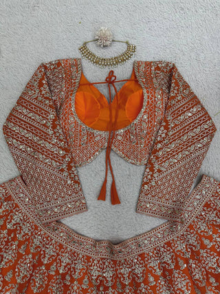 Orange Faux Georgette Semi-Stitched Lehenga Set with Coding Dori & Sequin Work ClothsVilla