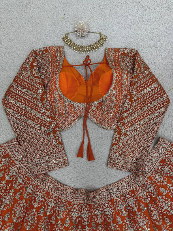 Orange Faux Georgette Semi-Stitched Lehenga Set with Coding Dori & Sequin Work ClothsVilla