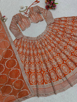 Orange Faux Georgette Semi-Stitched Lehenga Set with Coding Dori & Sequin Work ClothsVilla