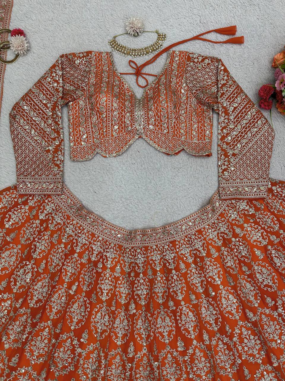 Orange Faux Georgette Semi-Stitched Lehenga Set with Coding Dori & Sequin Work ClothsVilla