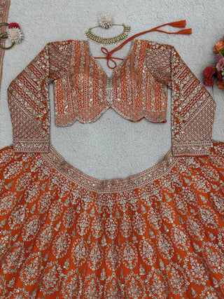 Orange Faux Georgette Semi-Stitched Lehenga Set with Coding Dori & Sequin Work ClothsVilla