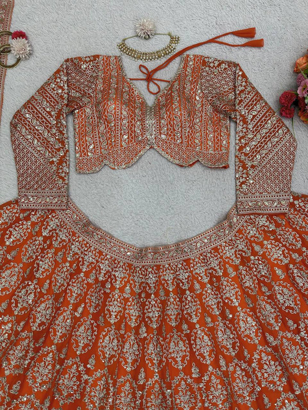 Orange Faux Georgette Semi-Stitched Lehenga Set with Coding Dori & Sequin Work ClothsVilla