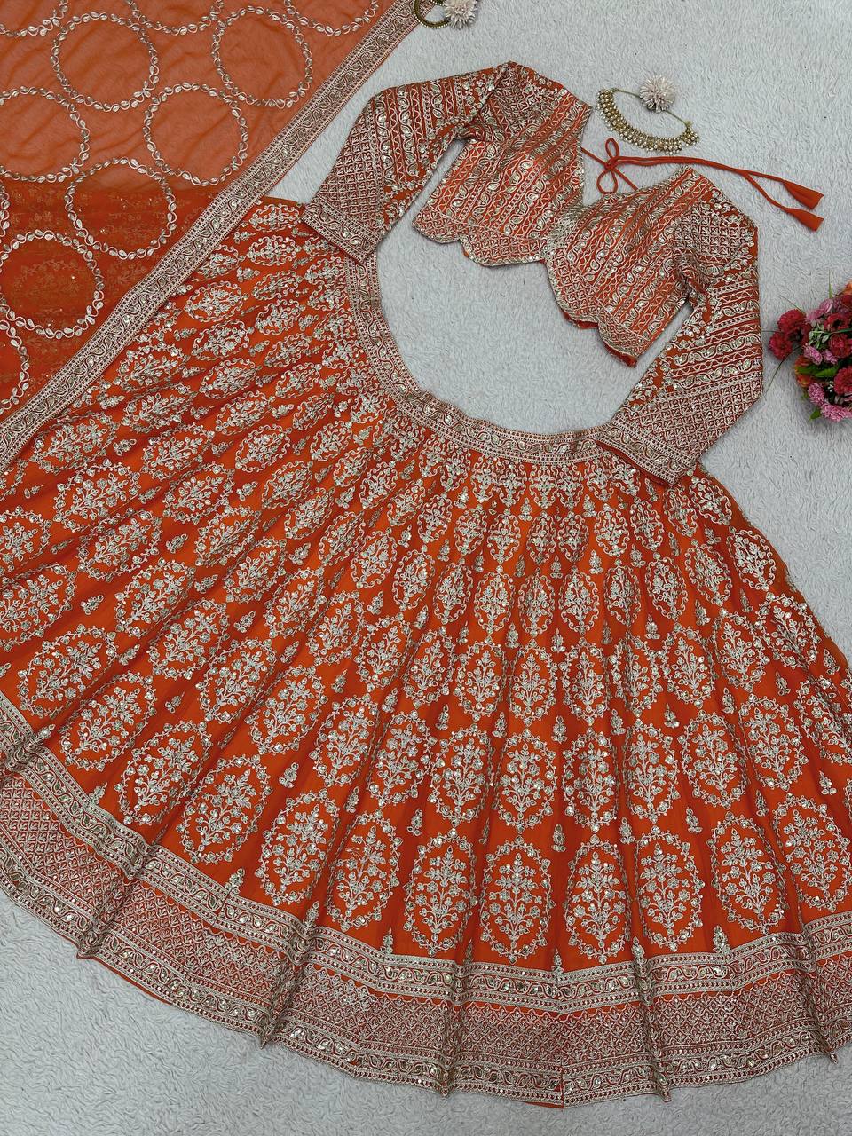 Orange Faux Georgette Semi-Stitched Lehenga Set with Coding Dori & Sequin Work ClothsVilla