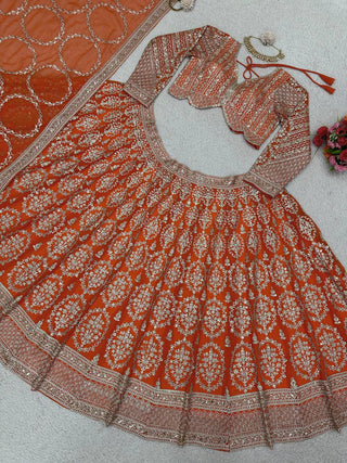 Orange Faux Georgette Semi-Stitched Lehenga Set with Coding Dori & Sequin Work ClothsVilla