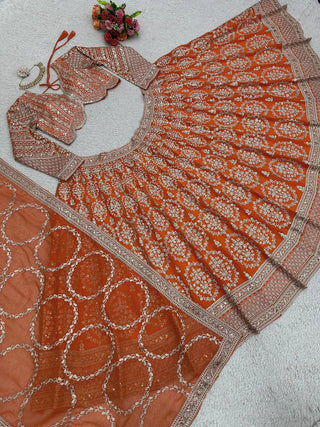 Orange Faux Georgette Semi-Stitched Lehenga Set with Coding Dori & Sequin Work ClothsVilla