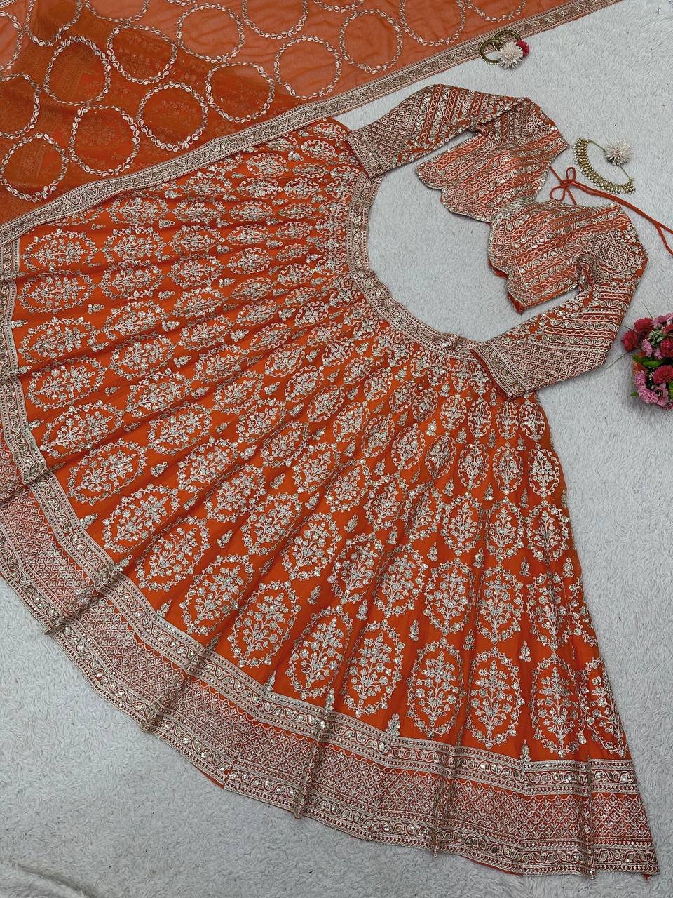 Orange Faux Georgette Semi-Stitched Lehenga Set with Coding Dori & Sequin Work ClothsVilla