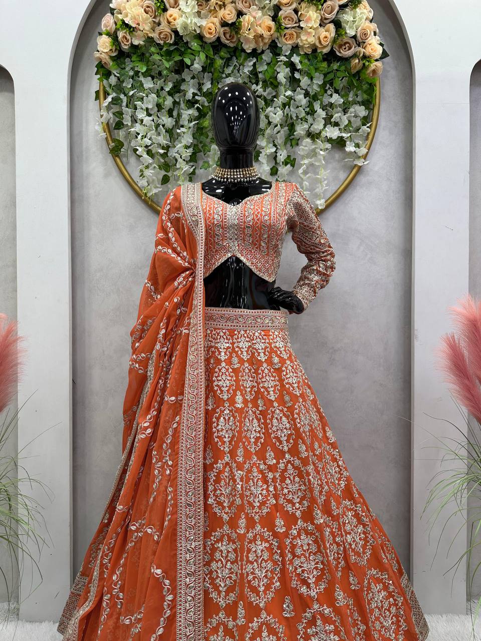 Orange Faux Georgette Semi-Stitched Lehenga Set with Coding Dori & Sequin Work ClothsVilla