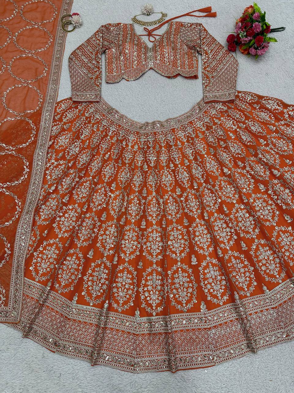 Orange Faux Georgette Semi-Stitched Lehenga Set with Coding Dori & Sequin Work ClothsVilla