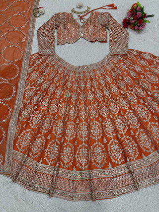 Orange Faux Georgette Semi-Stitched Lehenga Set with Coding Dori & Sequin Work ClothsVilla