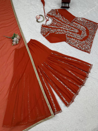 Orange Faux Georgette Sharara Set with Thread & Sequin Work Full Stitched Outfit with Lace Border Dupatta ClothsVilla