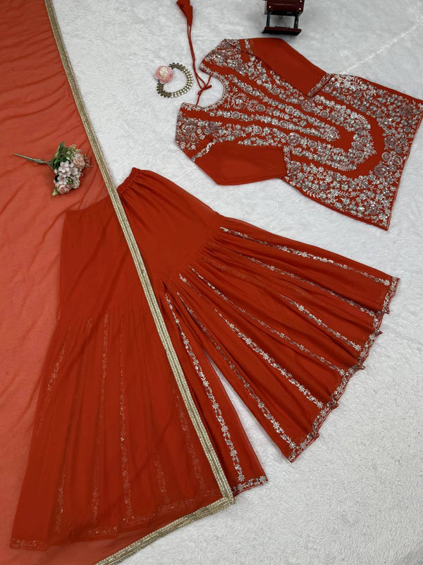 Orange Faux Georgette Sharara Set with Thread & Sequin Work Full Stitched Outfit with Lace Border Dupatta ClothsVilla