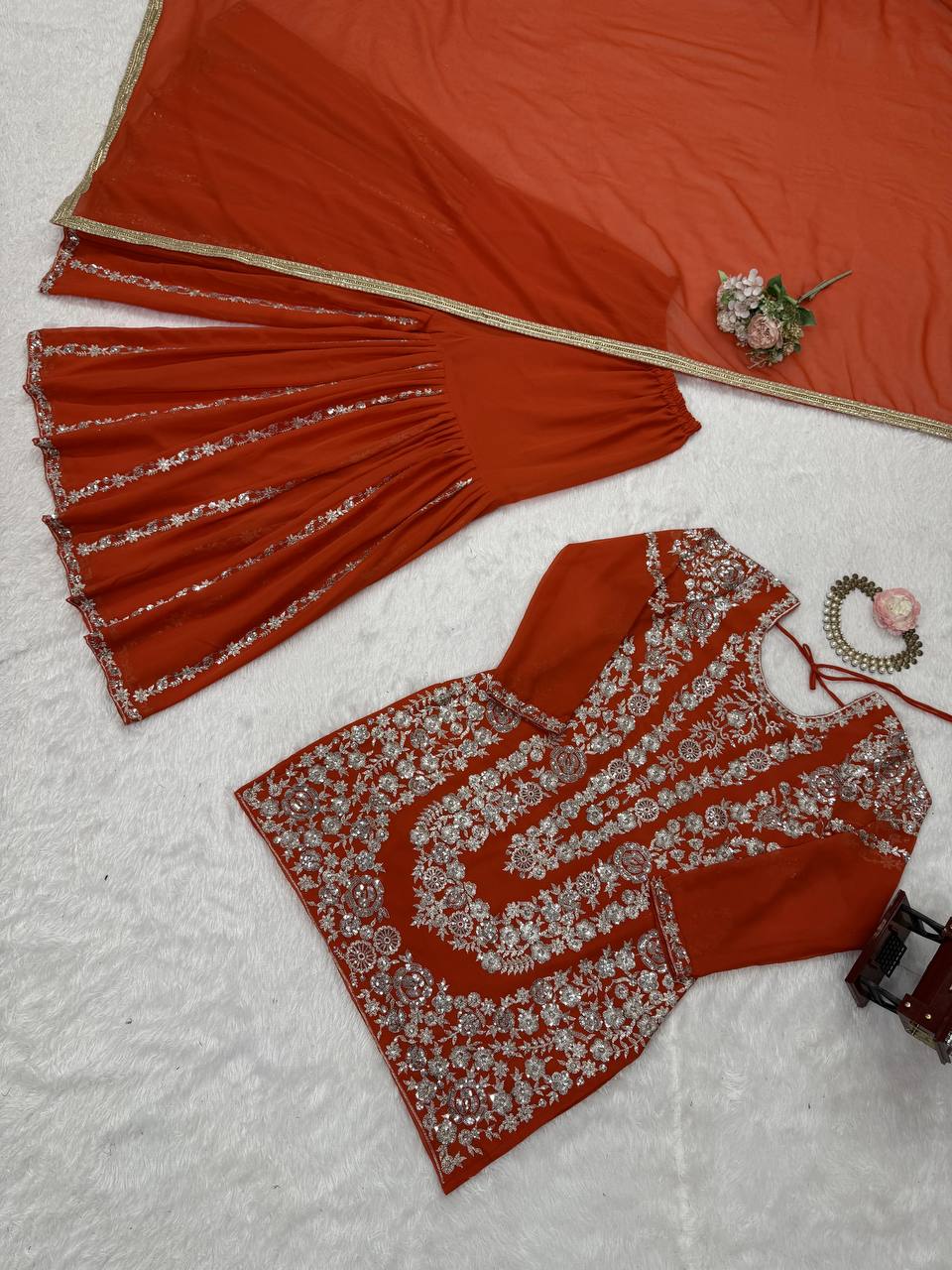 Orange Faux Georgette Sharara Set with Thread & Sequin Work Full Stitched Outfit with Lace Border Dupatta ClothsVilla