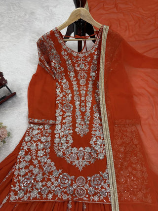 Orange Faux Georgette Sharara Set with Thread & Sequin Work Full Stitched Outfit with Lace Border Dupatta ClothsVilla