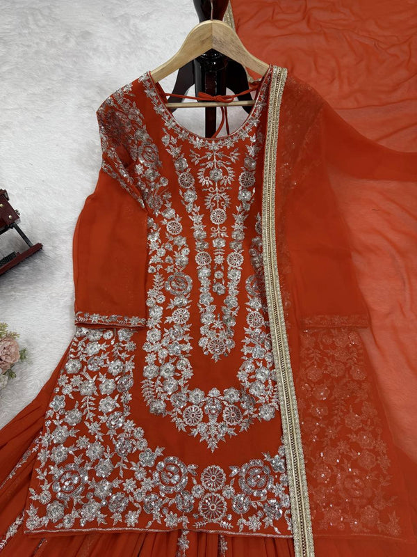 Orange Faux Georgette Sharara Set with Thread & Sequin Work Full Stitched Outfit with Lace Border Dupatta ClothsVilla