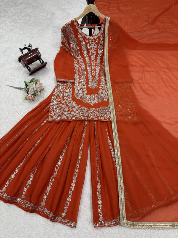 Orange Faux Georgette Sharara Set with Thread & Sequin Work Full Stitched Outfit with Lace Border Dupatta ClothsVilla