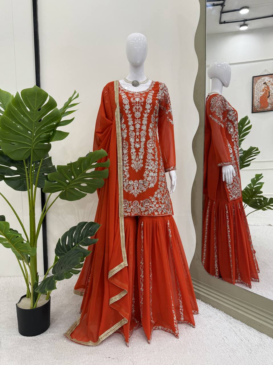 Orange Faux Georgette Sharara Set with Thread & Sequin Work Full Stitched Outfit with Lace Border Dupatta ClothsVilla