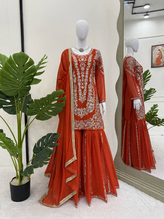 Orange Faux Georgette Sharara Set with Thread & Sequin Work Full Stitched Outfit with Lace Border Dupatta ClothsVilla