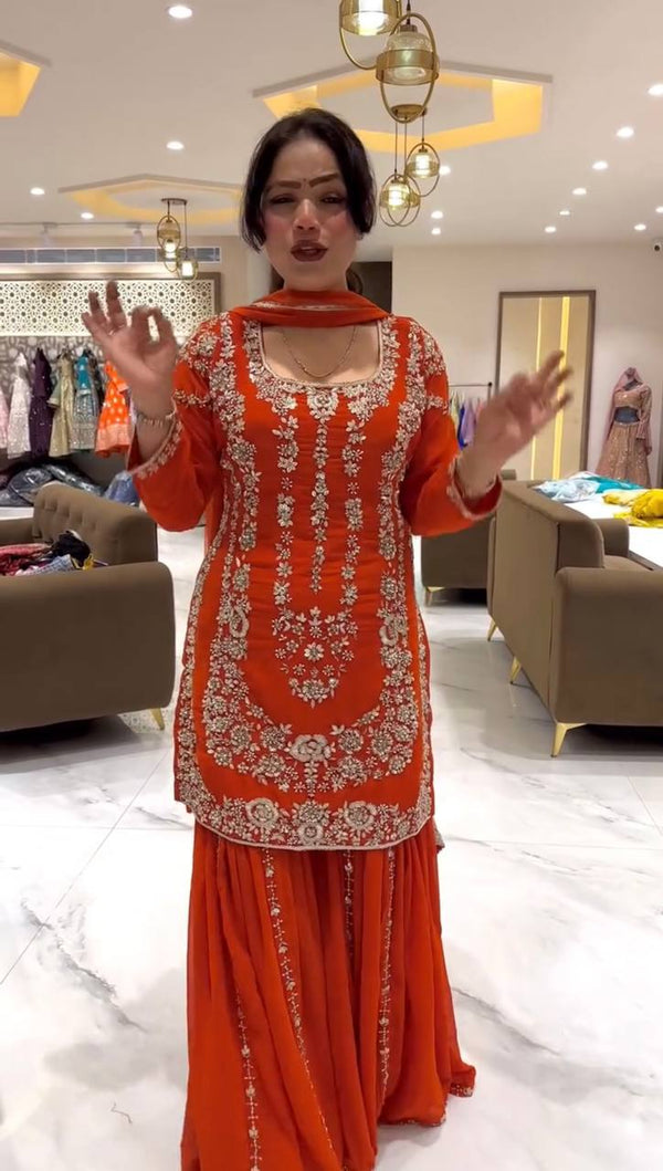 Orange Faux Georgette Sharara Set with Thread & Sequin Work Full Stitched Outfit with Lace Border Dupatta ClothsVilla