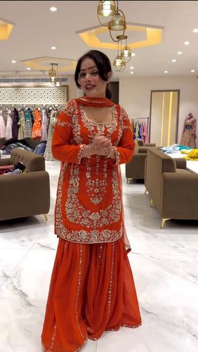 Orange Faux Georgette Sharara Set with Thread & Sequin Work Full Stitched Outfit with Lace Border Dupatta ClothsVilla